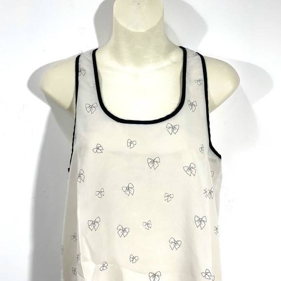 American Rag Sheer Off White & Black Bow Outline Racerback Tank Top - Picture 2 of 10